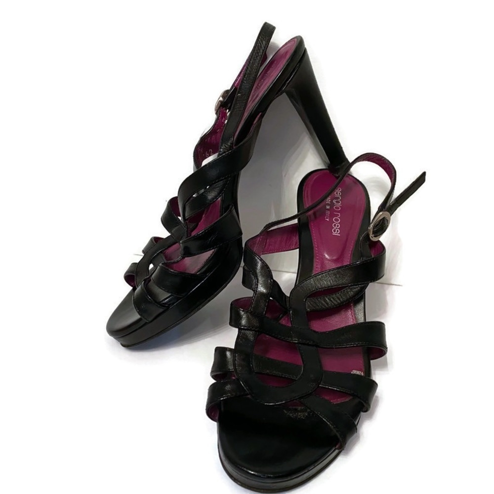 SERGIO ROSSI SHOES HIGH HEELS BLACK LEATHER ITALY STRAPPY Size 37 7